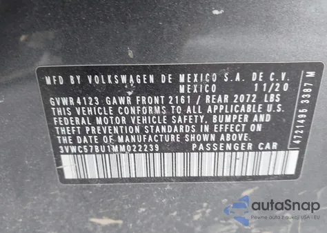 2021 Volkswagen Jetta 1.4T R-Line/1.4T S/1.4T Se из США, поврежденный, VIN 3VWC57BU1MM022239